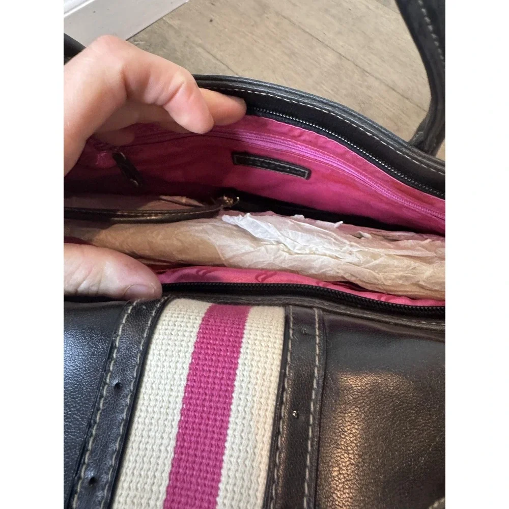 Rocawear Satchel Bag Womens Large Black Faux Leather Stripe Pink Lining Logo Y2K